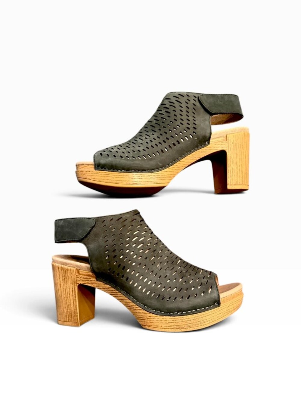 Dansko Manda Perforated Leather Heeled Clogs Sandals Peep Toe Black/Tan EU 41